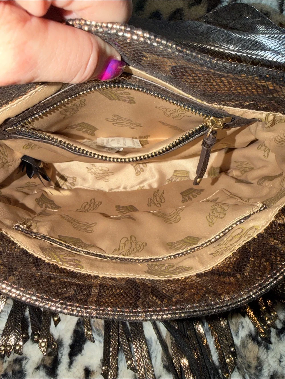 Christian Audigier Metallic Snake-Print Fringe Crossbody Bag in Brown and Gold